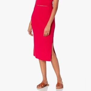 The Drop Women's 3X Vera Slim Side Slit Midi Sweater Skirt Red Ribbed Skirt NEW